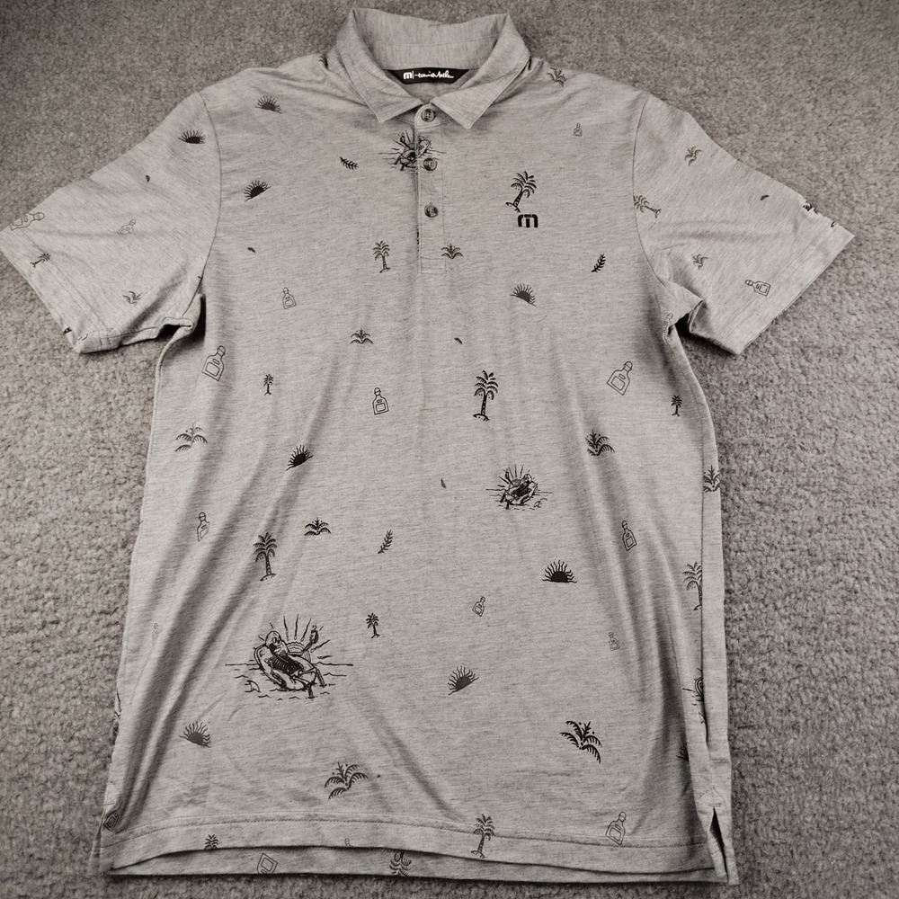 Travis Mathew Polo Mens Medium Skeleton Palm Tree Grey Short Sleeve EUC
